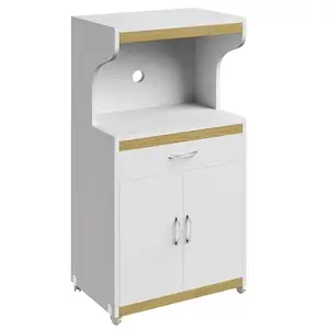 Freestanding Wood Cart Microwave Stand with Storage Rolling Cabinet with Doors, Drawer and Locking Wheels