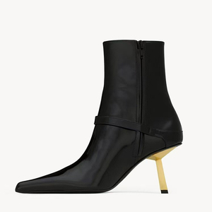 Bottines à talons aiguilles avec boucles métalliques, bottines sexy pour femmes, bout pointu, talons hauts dorés, chaussures en cuir verni - Product Image 5