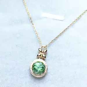 Delicate Women Jewelry Necklace 1.2ct Round Shape Green Natural Tourmaline 18k Gold Pendant Necklace