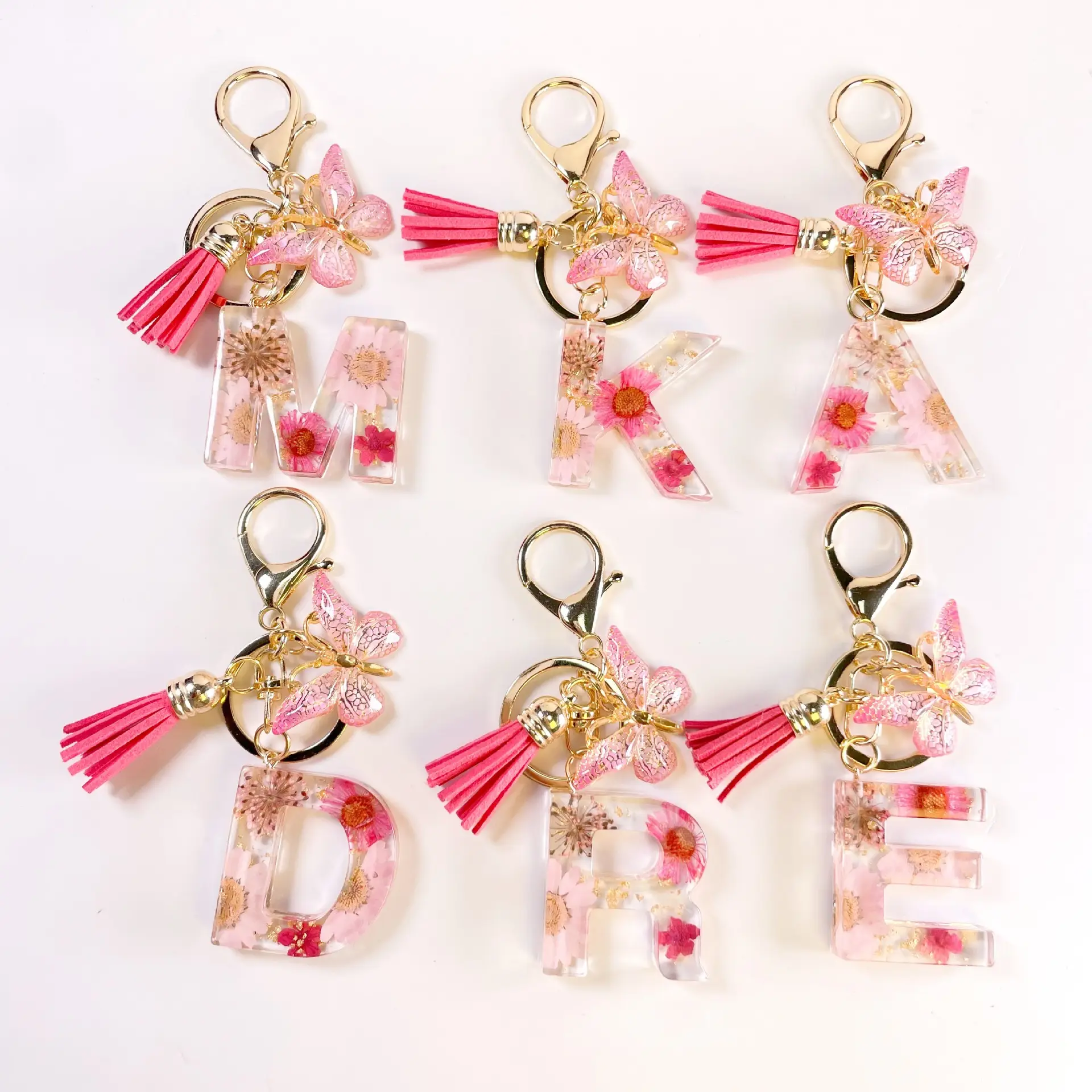 New Pink Dried Flower Letter Resin Butterfly Keychains Tassel Charm Key Chain For Gift