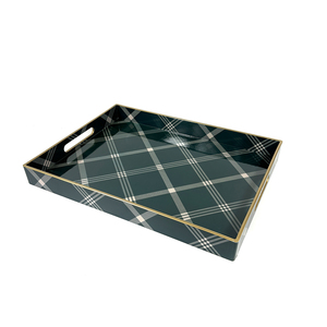 Plateau de rangement décoratif rectangulaire, plateau de service polyvalent à motif écossais vintage avec bordure dorée et poignées découpées - Product Image 3