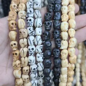 Cuentas de calavera de hueso tallado a mano, abalorios de esqueleto de hueso, negro, blanco, marrón, antiguo, OB114