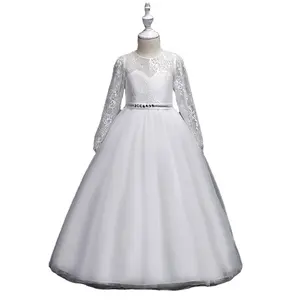 2024 long sleeve maxi lace dress 4-14years big children solid flower girl dress princess performance clothes floor wedding skirt