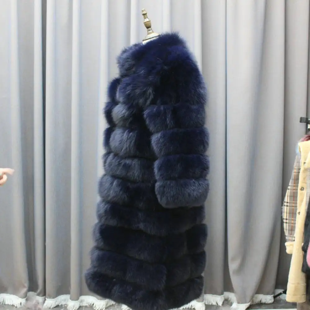 2019 custom long length color size Luxury navy blue Fox Fur Coat Winter Women Hooded Coat with Real Fur