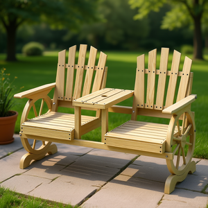 High-Back <b>2</b>-<b>Seater</b> Wooden Garden <b>Bench</b> With Table Armrests Umbrella Hole Natural Wood Patio Set For Backyard Garden - Product Image 2