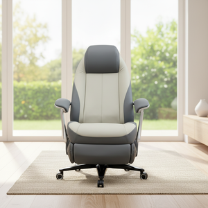 <span class=keywords><strong>Chaise</strong></span> de bureau ergonomique contemporaine de direction, dossier haut, cuir <span class=keywords><strong>patchwork</strong></span> bleu et blanc, pivotante à 360°, accoudoirs larges fixes, pour hôtel - Product Image 2