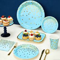 Ensemble de vaisselle jetable pour fête d'anniversaire à pois bleus et dorés, avec bannière, assiettes, gobelets, serviettes, nappe et couverts, à marquage à chaud, direct usine
