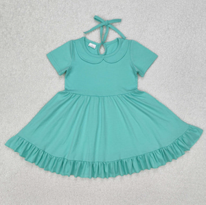 Vente en gros de robes pour filles, robes à volants de couleur unie, boutique pour tout-petits, col Peter Pan, manches courtes, robes d'été - Product Image 2