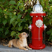 Sculpture en résine de type hydrant rouge vintage avec détails de chaîne argentée, décoration réaliste pour patio extérieur, style antique miniature