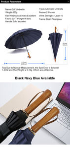 Parapluie automatique à manche droite en bois, de grande taille, 25 pouces, 16 plis, de couleur noire, offre spéciale - Product Image 6