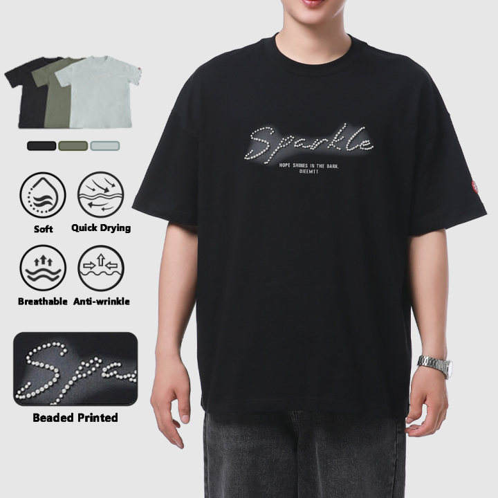100% Cotton Streetwear Oversize Beaded Letter Printing Short Sleeve Printed Crewneck Vintage T-shirt Unisex Baggy Tee Top