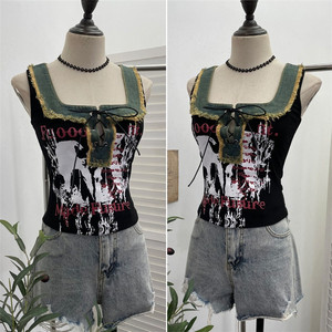 Top Corto sin Mangas con Cordones y Lazo, Estilo Retro, con Estampado y Mezcla de Mezclilla con Bordes Deshilachados para <span class=keywords><strong>Mujer</strong></span> - Product Image 4