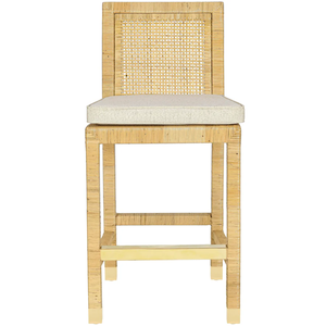 Modern Rattan and Linen Bar/Counter <b>Stool</b> with <b>Wood</b> Base for Home Bar and Restaurant Use - Product Image 1
