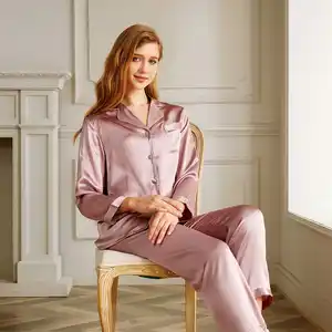 Custom 19 Momme High Quality V Neck Long Classic Luxury Sexy Silk Pajamas
