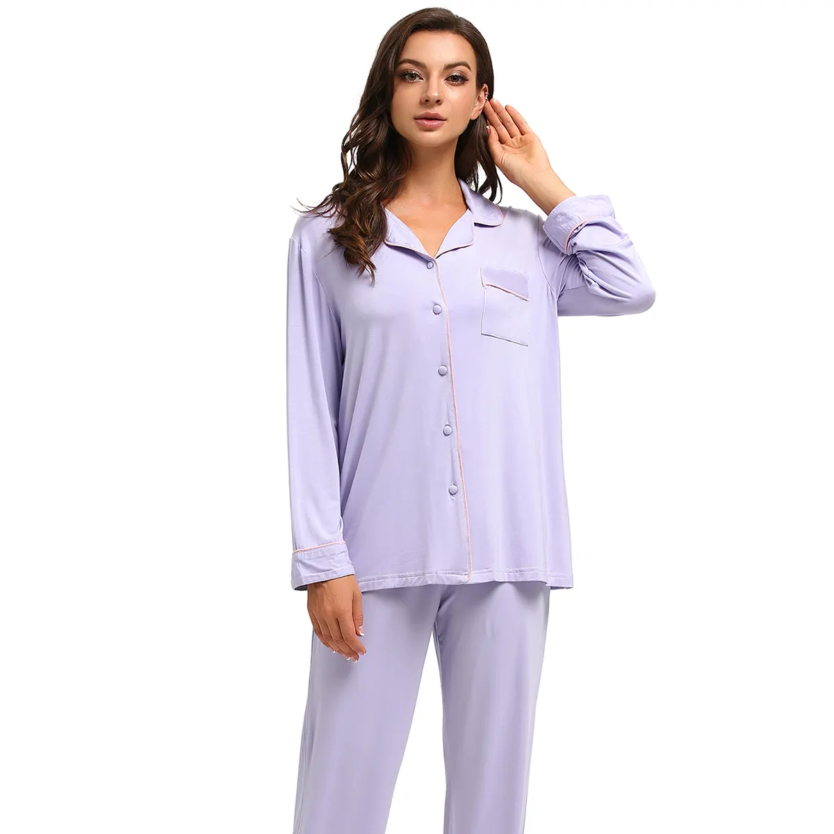 Vente en gros d'usine de pyjamas en viscose bambou décontractés doux à manches longues ensembles de vêtements de nuit deux pièces pyjamas vêtements de détente pour femmes