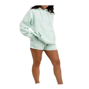 Conjunto de 2 Piezas para Mujer, Sudadera con Capucha y Pantalones Cortos, Color Verde Menta, Corte Holgado Informal, Felpa, Color Sólido, Uso Diario, Primavera/Verano - Product Image 2