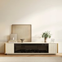 Soporte de TV con Chimenea Moderna de Lujo AJUNION, Soporte de TV Independiente de Madera de Ingeniería con Chimenea Eléctrica de 6 Colores de Llama y 2 Cajones