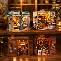Kit de Casa de Muñecas DIY LED Mini Corner Shop, Decoración de Rincón de Lectura de Madera 3D con 4 Estilos, Regalo Artesanal Temático de Tienda Multi-temática para Adultos