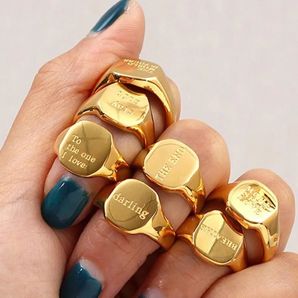 Moda coreana Vintage regalo Simple alto pulido impermeable 18K chapado en oro Acero inoxidable palabras Signet anillos joyería para mujeres