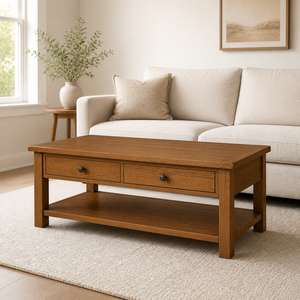 Table basse convertible en bois de chêne massif avec deux tiroirs de rangement, étagère inférieure ouverte et plateau rectangulaire épais pour un intérieur moderne - Product Image 2