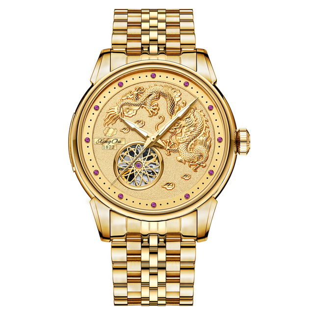 Premium Brand High End Gold Dragon Carved Design Hollow Out 5ATM Waterproof Fully Automatic Mechanical Watch