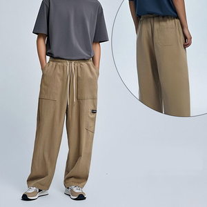 Pantalons de randonnée décontractés pour hommes en coton tricoté respirant à taille mi-haute, jambes larges, double poche cargo, vente en gros - Product Image 2