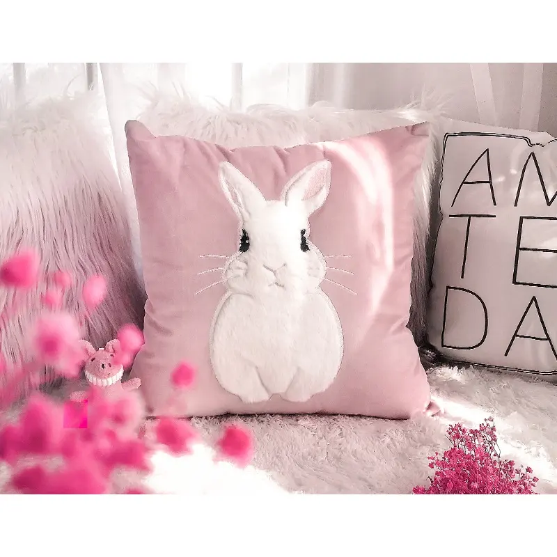 RTS Faux Fur Sofa Custom Cotton Fall Throw 3D Embroidered Rabbit Pillow Cushion Cover