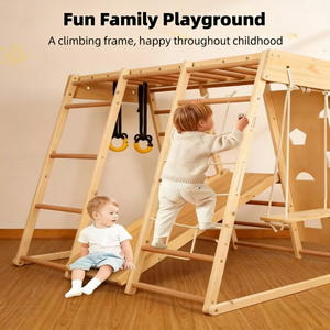 Estructura de Madera Sólida para Escalar con Tobogán, Columpio, Anillo y Cuerda de Escalada, Combinación para Parques de Diversiones Interiores y Exteriores - Product Image 4