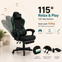 Chaise de jeu ergonomique en tissu inclinable avec repose-pieds rétractable, coussin lombaire réglable, hauteur réglable, rotation à 360 degrés