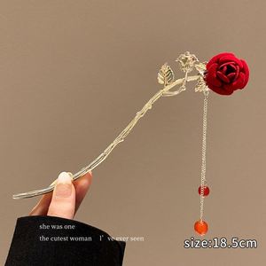 Épingles à cheveux vintage en forme de rose avec pompon, accessoires pour femmes, épingles à cheveux noires et rouges, bâtonnets à cheveux, bijoux pour coiffure - Product Image 4