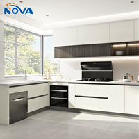 Meuble de cuisine moderne en L, corps en MDF, porte laquée brillante avec panneau d'îlot, vente en gros