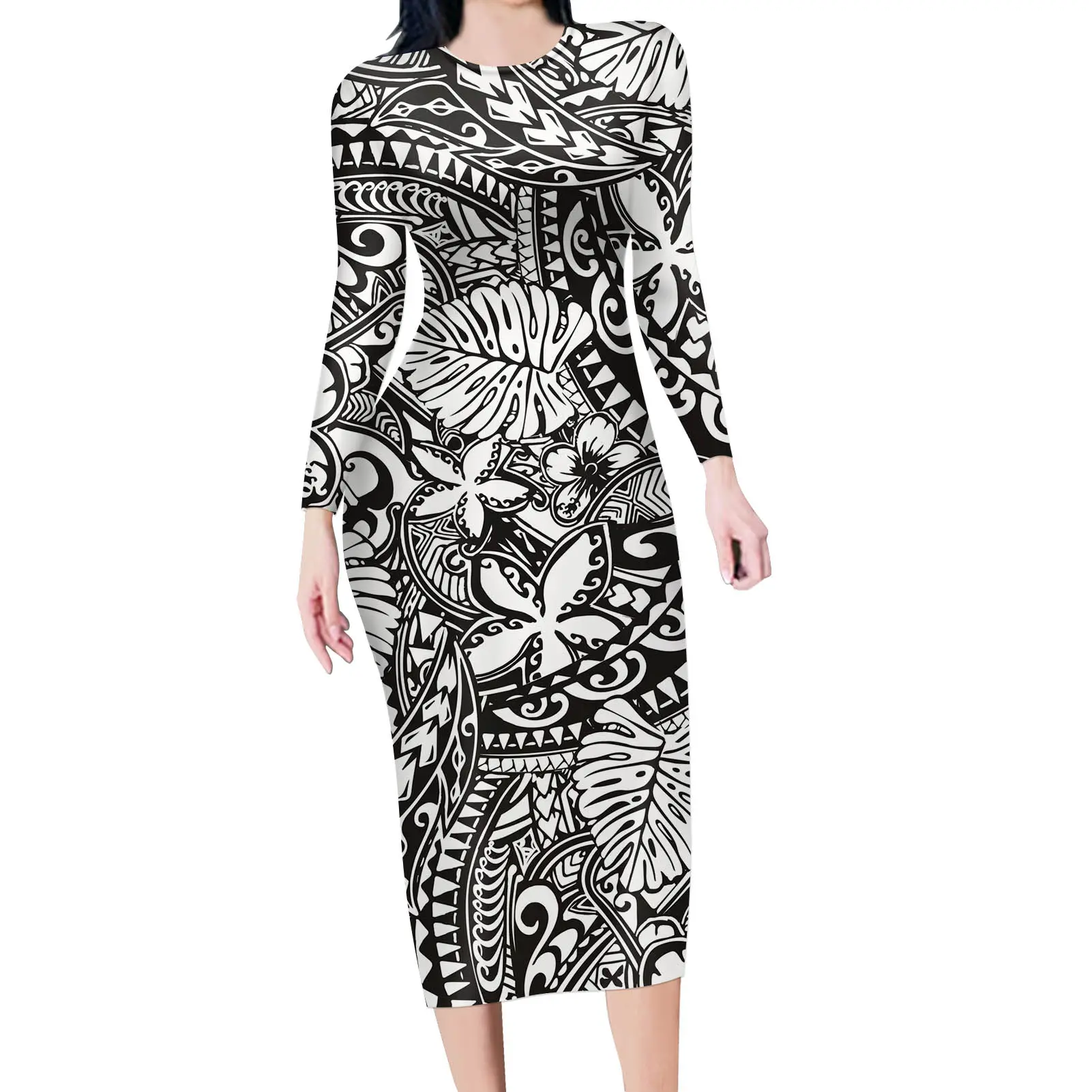 White and Black Dress Long Sleeve Women Samoa Polynesian with Tropical Flowers Print Bodycon Party Dresses Sexy Cocktail Dresses