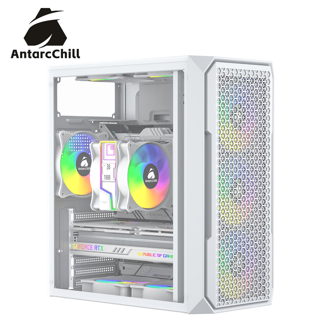 AntarcChill White Mid Tower ATX Gaming Computer Case Mesh Front Panel USB3.0 High Airflow Cooling Chassis Side Panel Window