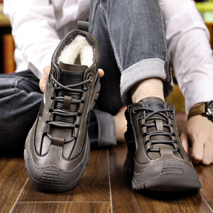 Bottes Martin pour homme en cuir à bout rond, doublure en fourrure, semelle en caoutchouc, isolantes, chaussures décontractées d'hiver pour l'extérieur - Product Image 5