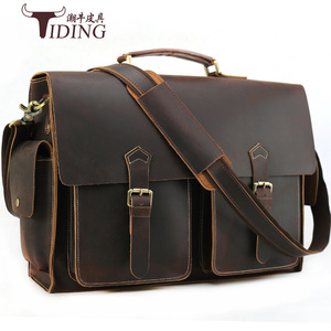 Tiding Genuine Leather Men's <b>Briefcase</b> 17-inch Large Capacity Business Bag Shoulder Crossbody Dark Brown - Product Image 1