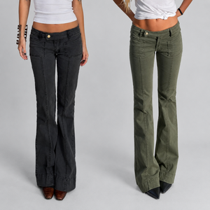 Pantalones cargo acampanados de tiro bajo para mujer, lavados, de frente liso, corte holgado, 100% poliéster, efecto alargador de pierna, estilo urbano, casual, ropa de trabajo, tejido. - Product Image 1