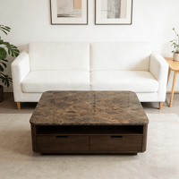 Table Basse de Luxe Moderne en Marbre Naturel Marron Foncé avec Tiroirs, Meuble de Salon, Ensemble de Tables Basses à Grands Socles
