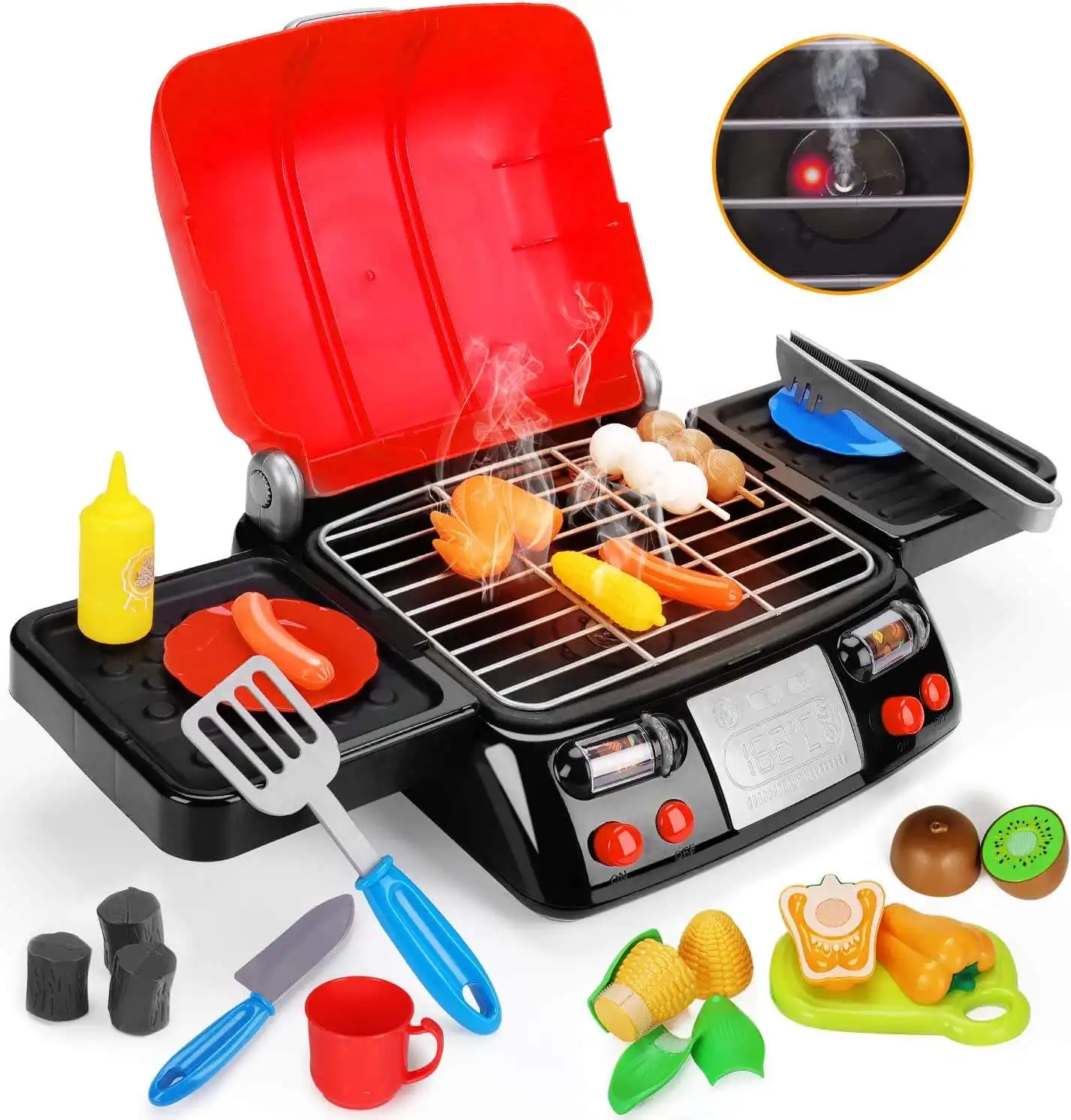 Crianças Play Food Grill com Pretend Smoke Sound Light Cozinha Play set Pretend BBQ Fine Motor Skills Toy Cozinhar Brinquedos ao ar livre