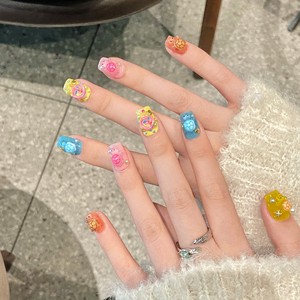 Design #2335 all'ingrosso unghie corte acriliche False graziose tartarughe colorate 10 pz riutilizzabili pressate a mano sulle unghie - Product Image 3