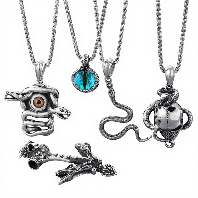 Handmade Viking Skull Necklace - Norse Snake Pendant with Rune Charm | Punk Gothic Stainless Steel Jewelry for Men & Women