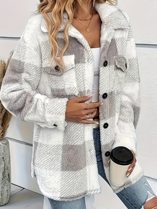 Chaqueta de Invierno de Lana Afelpada, Cuello Alto, Diseño de Bloques de Color, Suave y Esponjosa, Alta Elasticidad, Lavable a Máquina, Talla Mediana - Product Image 2