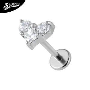 Custom Fashion Body Piercing Jewelry Lip Stud Prong Setting Heart Shaped Inlay Zircon ASTM F136 Titanium Threadless Labret