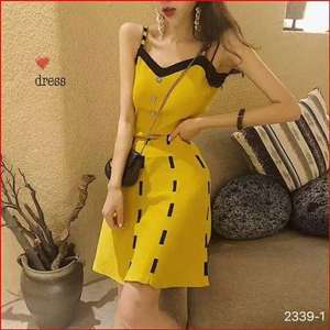 ชุดเดรสสั้นถักคอวีเซ็กซี่สีดำสำหรับผู้หญิงเดรสสเวตเตอร์ปาร์ตี้สีเหลืองลำลองสำหรับฤดูร้อน - Product Image 2