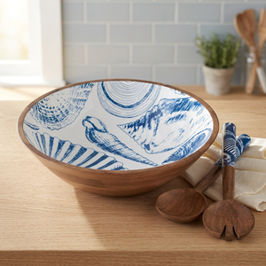 Tazón de Ensalada de Madera Hecho a Mano con Diseño de Conchas Azules, Estilo Mediterráneo, Acabado Pulido, Vetas de Madera Natural, Diseño Personalizado, Estilo Único - Product Image 1