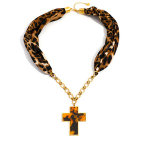 <b>Cross</b> Necklace Leopard Print 18k Gold Plated <b>Chain</b> Scarf Splicing Party Fashion Jewelry - Product Image 5