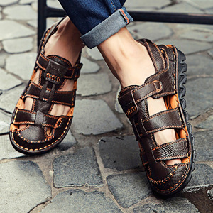 Sandales d'été pour hommes en cuir véritable avec boucle, lanières croisées, bout ouvert, semelle extérieure en caoutchouc, doublure textile, chaussures décontractées respirantes - Product Image 4
