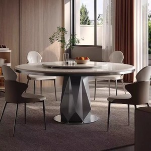 Modern Minimalist Round Stone Slab <b>Dining</b> <b>Table</b> With Turntable Rotatable Feature For <b>Dining</b> Room - Product Image 1
