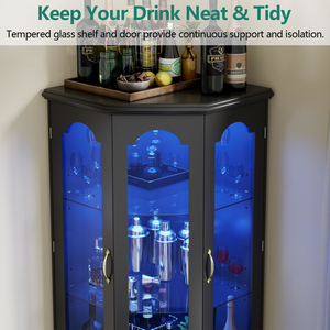 <b>Corner</b> Bar <b>Cabinet</b> with LED Lights, Tall Modern Wine Tempered Glass Door & Adjustable Shelves, - Product Image 3