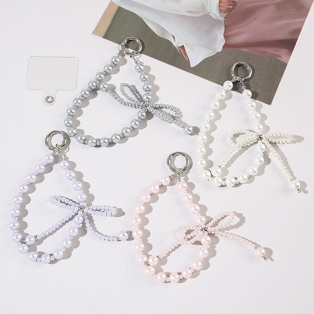 Short Wrist Strap Butterfly Pearl Beaded Phone Lanyard with Chain Mobile Phone Straps