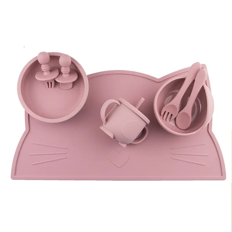 도매 주문 현대 유아 휴대용 쉬운 깨끗한 식기 핑크 아이 아기 먹이 매트 실리콘 플레이스 매트 세트
